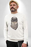 Kasket Bandana Motorcu Kedi Kadın Erkek  Beyaz Baskılı Sweatshirt 