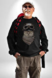 Kasket Bandana Motorcu Kedi Kadın Erkek  Siyah Baskılı Sweatshirt 