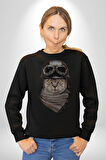 Kasket Bandana Motorcu Kedi Kadın Erkek  Siyah Baskılı Sweatshirt 