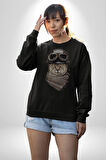 Kasket Bandana Motorcu Kedi Kadın Erkek  Siyah Baskılı Sweatshirt 