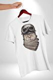 Kasket Bandana Motorcu Kedi Kadın Erkek Unisex Beyaz Organik Baskılı T-Shirt Penye Yüksek Kalite