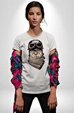 Kasket Bandana Motorcu Kedi Kadın Erkek Unisex Beyaz Organik Baskılı T-Shirt Penye Yüksek Kalite