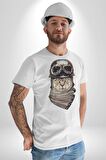 Kasket Bandana Motorcu Kedi Kadın Erkek Unisex Beyaz Organik Baskılı T-Shirt Penye Yüksek Kalite