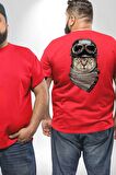 Kasket Bandana Motorcu Kedi Büyük Beden Kırmızı Tişört Kadın Erkek Ünisex Sırt Baskılı