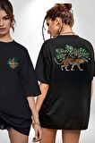 Zara Afrika Leoparı Tropik Yapraklar Siyah Oversize Kadın Erkek Ön ve Sırt Baskılı Tişört
