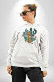 Kaktüs Çita  Kadın Erkek  Beyaz Kapüşonlu Sweatshirt Hoodie