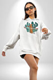 Kaktüs Çita  Kadın Erkek  Beyaz Kapüşonlu Sweatshirt Hoodie