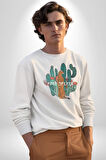 Kaktüs Çita  Kadın Erkek  Beyaz Baskılı Sweatshirt 
