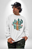 Kaktüs Çita  Kadın Erkek  Beyaz Baskılı Sweatshirt 