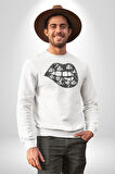 Ay Yıldız Dudak Bulut Dövme Kadın Erkek  Beyaz Baskılı Sweatshirt 