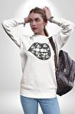 Ay Yıldız Dudak Bulut Dövme Kadın Erkek  Beyaz Baskılı Sweatshirt 
