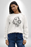 Ay Güneş Astroloji Aşk Estetik Kadın Erkek  Beyaz Baskılı Sweatshirt 