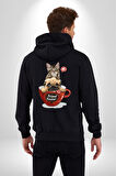 Kedi Ve Köpek Sonsuzadek Arkadaşız  Kadın Erkek Siyah Renk Kapüşonlu Kanguru Cepli  Fermuarlı Pamuklu Oversize Dijital Baskılı Hırka Sweatshirt