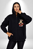 Kedi Ve Köpek Sonsuzadek Arkadaşız  Kadın Erkek Siyah Renk Kapüşonlu Kanguru Cepli  Fermuarlı Pamuklu Oversize Dijital Baskılı Hırka Sweatshirt