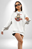 Kedi Ve Köpek Sonsuzadek Arkadaşız  Kadın Erkek  Beyaz Kapüşonlu Sweatshirt Hoodie