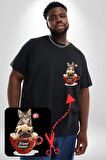 Kedi Ve Köpek Sonsuzadek Arkadaşız  Siyah Büyük Beden Kadın Basic Minimal Baskılı Tişört
