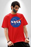 Nasa  Pamuklu Bisiklet Yaka Kadın Erkek Oversize Boyfriend Dijital Baskılı Kırmızı T-Shirt