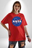 Nasa  Pamuklu Bisiklet Yaka Kadın Erkek Oversize Boyfriend Dijital Baskılı Kırmızı T-Shirt