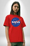 Nasa  Pamuklu Bisiklet Yaka Kadın Erkek Oversize Boyfriend Dijital Baskılı Kırmızı T-Shirt