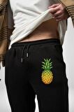 Ananas Meyve Pamuklu 3 İplik Siyah Eşofman Altı Erkek Oversize Kesim Dijital Baskılı
