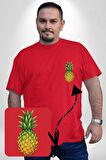 Ananas Meyve Kırmızı Büyük Beden Kadın Basic Minimal Baskılı Tişört