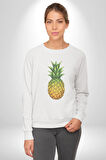 Ananas Meyve Kadın Erkek  Beyaz Baskılı Sweatshirt 