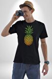 Ananas Meyve Kadın Erkek Unisex Siyah Organik Baskılı T-Shirt Penye Yüksek Kalite