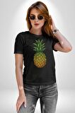 Ananas Meyve Kadın Erkek Unisex Siyah Organik Baskılı T-Shirt Penye Yüksek Kalite