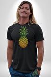 Ananas Meyve Kadın Erkek Unisex Siyah Organik Baskılı T-Shirt Penye Yüksek Kalite