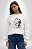 Kemal Atatürk İmza Ve Silüet  Kadın Erkek  Beyaz Baskılı Sweatshirt 
