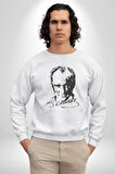 Kemal Atatürk İmza Ve Silüet  Kadın Erkek  Beyaz Baskılı Sweatshirt 