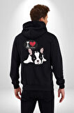 Seni Seviyorum Bulldog  Kadın Erkek Siyah Renk Kapüşonlu Kanguru Cepli  Fermuarlı Pamuklu Oversize Dijital Baskılı Hırka Sweatshirt