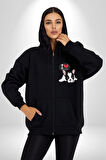 Seni Seviyorum Bulldog  Kadın Erkek Siyah Renk Kapüşonlu Kanguru Cepli  Fermuarlı Pamuklu Oversize Dijital Baskılı Hırka Sweatshirt