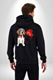 Poodle ve Beagle Sevililer Günü Hediyesi Kadın Erkek Siyah Renk Kapüşonlu Kanguru Cepli  Fermuarlı Pamuklu Oversize Dijital Baskılı Hırka Sweatshirt