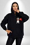 Poodle ve Beagle Sevililer Günü Hediyesi Kadın Erkek Siyah Renk Kapüşonlu Kanguru Cepli  Fermuarlı Pamuklu Oversize Dijital Baskılı Hırka Sweatshirt