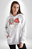 Poodle ve Beagle Sevililer Günü Hediyesi Kadın Erkek  Beyaz Kapüşonlu Sweatshirt Hoodie