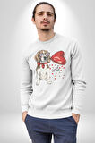 Poodle ve Beagle Sevililer Günü Hediyesi Kadın Erkek  Beyaz Baskılı Sweatshirt 