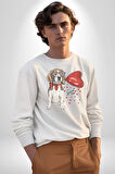 Poodle ve Beagle Sevililer Günü Hediyesi Kadın Erkek  Beyaz Baskılı Sweatshirt 