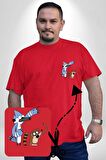 Mordecai ve Rigby  Kırmızı Büyük Beden Kadın Basic Minimal Baskılı Tişört