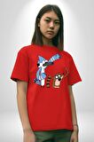 Mordecai ve Rigby  Pamuklu Bisiklet Yaka Kadın Erkek Oversize Boyfriend Dijital Baskılı Kırmızı T-Shirt