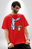 Mordecai ve Rigby  Pamuklu Bisiklet Yaka Kadın Erkek Oversize Boyfriend Dijital Baskılı Kırmızı T-Shirt