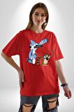 Mordecai ve Rigby  Pamuklu Bisiklet Yaka Kadın Erkek Oversize Boyfriend Dijital Baskılı Kırmızı T-Shirt