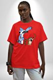 Mordecai ve Rigby  Pamuklu Bisiklet Yaka Kadın Erkek Oversize Boyfriend Dijital Baskılı Kırmızı T-Shirt