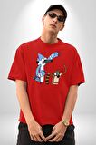 Mordecai ve Rigby  Pamuklu Bisiklet Yaka Kadın Erkek Oversize Boyfriend Dijital Baskılı Kırmızı T-Shirt