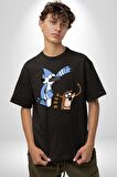 Mordecai ve Rigby  Pamuklu Bisiklet Yaka Kadın Erkek Oversize Boyfriend Dijital Baskılı Siyah T-shirt