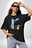 Mordecai ve Rigby  Pamuklu Bisiklet Yaka Kadın Erkek Oversize Boyfriend Dijital Baskılı Siyah T-shirt