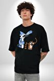 Mordecai ve Rigby  Pamuklu Bisiklet Yaka Kadın Erkek Oversize Boyfriend Dijital Baskılı Siyah T-shirt