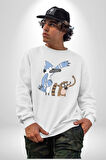 Mordecai ve Rigby  Kadın Erkek  Beyaz Baskılı Sweatshirt 