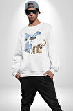 Mordecai ve Rigby  Kadın Erkek  Beyaz Baskılı Sweatshirt 