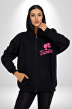 Barbie  Kadın Erkek Siyah Renk Kapüşonlu Kanguru Cepli  Fermuarlı Pamuklu Oversize Dijital Baskılı Hırka Sweatshirt